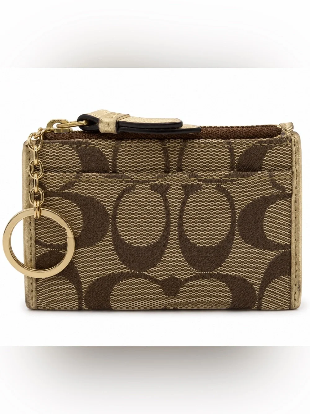 Coach Brown Signature Canvas Card Holder with Gold Leather